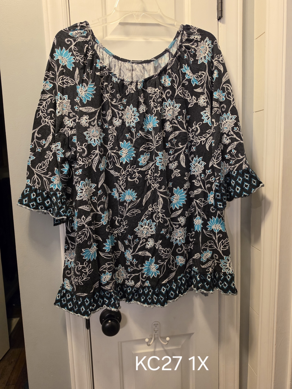 Women's Black Floral Peasant Top - Turquoise & White